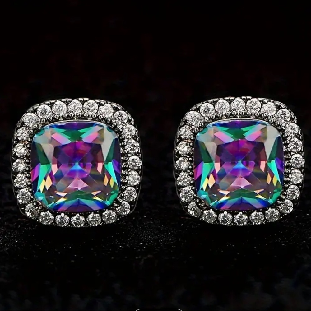 Elegant Square Simulated Rainbow, Mystic Topaz Cubic Zirconia Stud Earrings